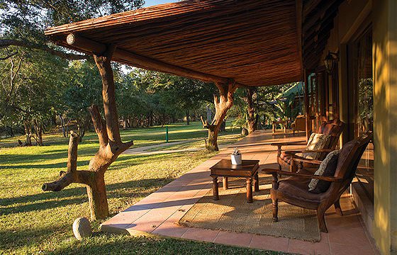 The spacious patio of a luxury safari lodge.